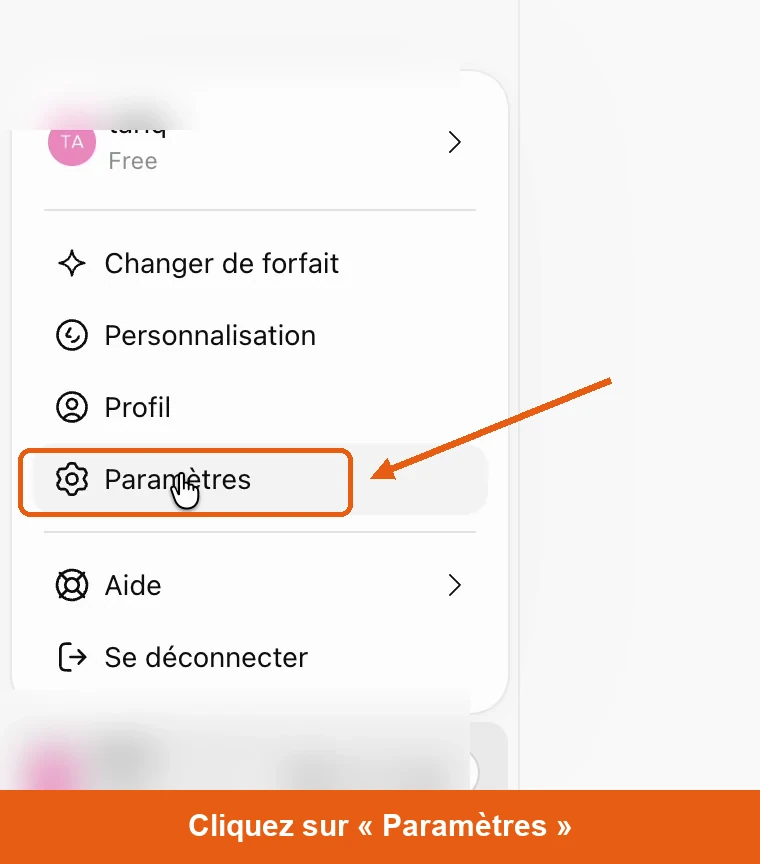 Le menu du compte ChatGPT, avec l'entr&eacute;e Param&egrave;tres