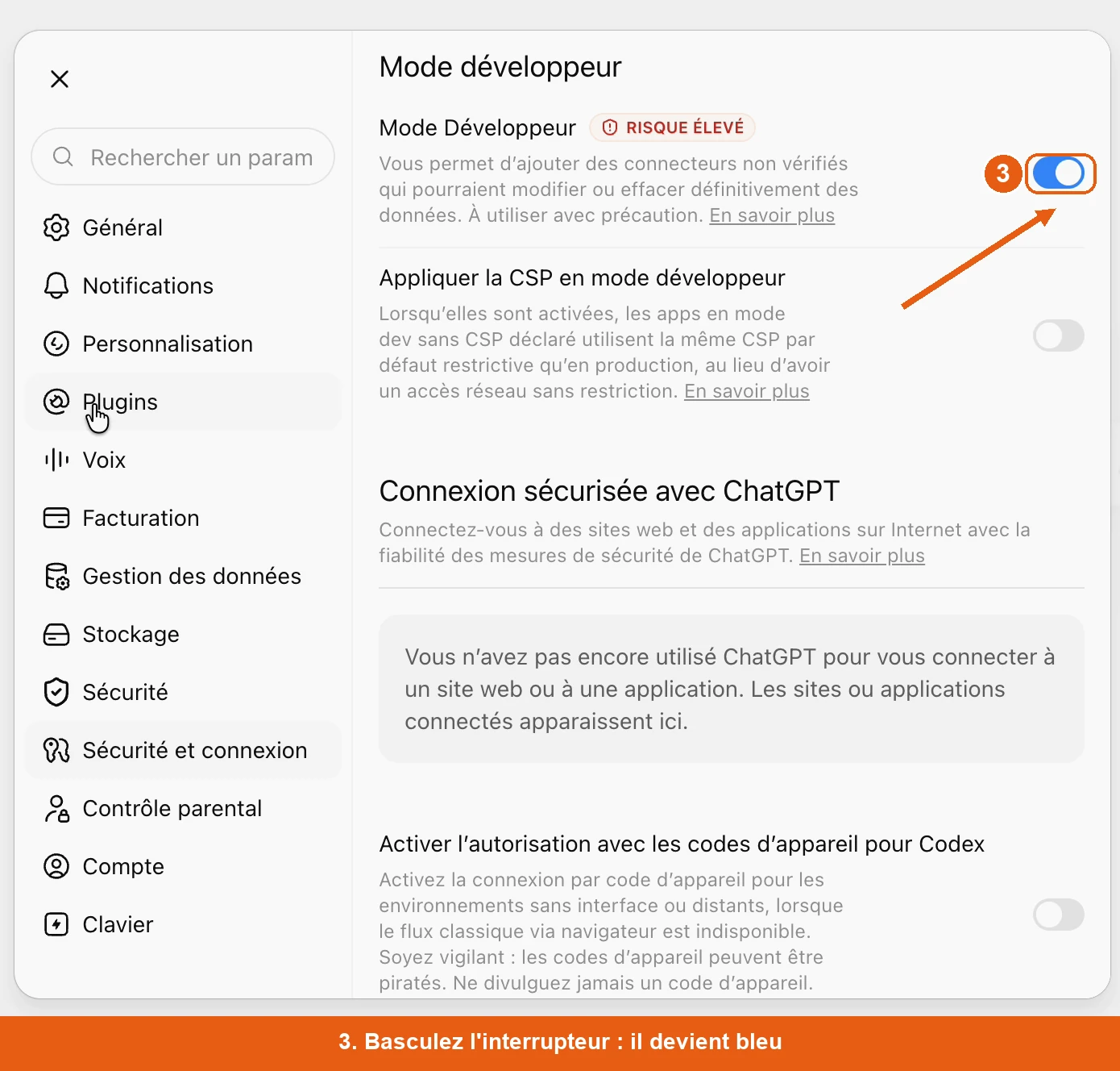 L'interrupteur du mode d&eacute;veloppeur activ&eacute;